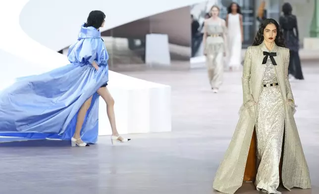 Models wear creations as part of the Chanel Haute Couture Spring Summer 2025 collection, that was presented in Paris, Tuesday, Jan. 28, 2025. (AP Photo/Lewis Joly).