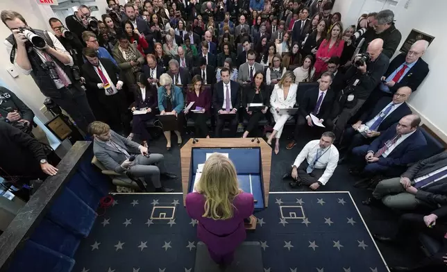 White House press secretary Karoline Leavitt speaks with reporters in the James Brady Press Briefing Room at the White House, Tuesday, Jan. 28, 2025, in Washington. (AP Photo/Alex Brandon)