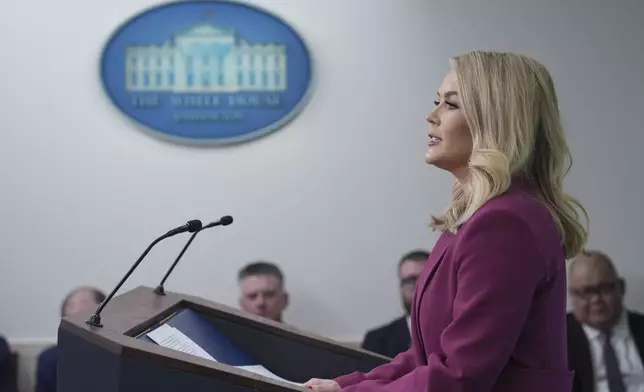 White House press secretary Karoline Leavitt speaks during a briefing at the White House, Tuesday, Jan. 28, 2025, in Washington. (AP Photo/Evan Vucci)