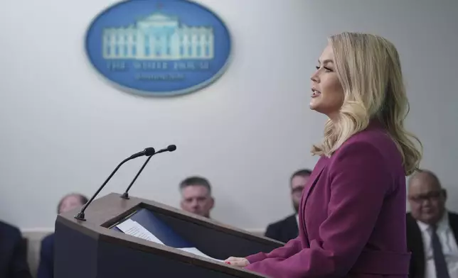 White House press secretary Karoline Leavitt speaks during a briefing at the White House, Tuesday, Jan. 28, 2025, in Washington. (AP Photo/Evan Vucci)