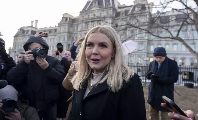 White House press secretary Karoline Leavitt speaks with reporters at the White House, Wednesday, Jan. 22, 2025, in Washington. (AP Photo/Alex Brandon)