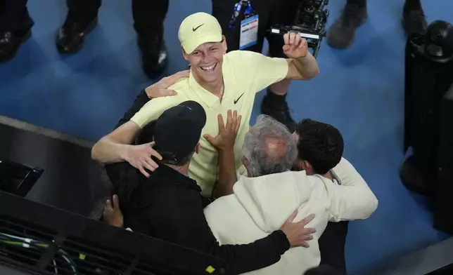 Jannik Sinner of Italy celebrates after defeating Alexander Zverev of Germany in the men's singles final at the Australian Open tennis championship in Melbourne, Australia, Sunday, Jan. 26, 2025. (AP Photo/Manish Swarup)