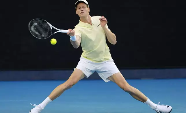Jannik Sinner of Italy plays a forehand return to Alexander Zverev of Germany during the men's singles final at the Australian Open tennis championship in Melbourne, Australia, Sunday, Jan. 26, 2025. (AP Photo/Asanka Brendon Ratnayake)