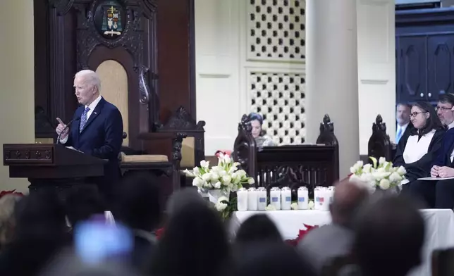 President Joe Biden speaks during in an interfaith prayer service for the victims of the deadly New Years truck attack, at St. Louis Cathedral in New Orleans, Monday, Jan. 6, 2025. (AP Photo/Stephanie Scarbrough)