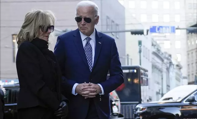 President Joe Biden and first lady Jill Biden stop at the site of the deadly New Years truck attack, in New Orleans, Monday, Jan. 6, 2025. (AP Photo/Stephanie Scarbrough)