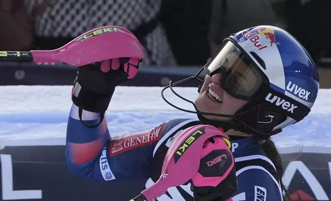 Croatia's Zrinka Ljutic reacts after winning an alpine ski, women's World Cup slalom race in Kranjska Gora, Slovenia, Sunday, Jan. 5, 2025. (AP Photo/Giovanni Auletta)