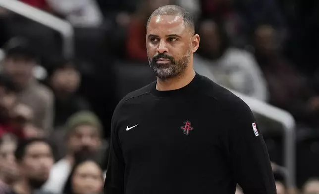 Houston Rockets head coach Ime Udoka looks on during the first half of an NBA basketball game against the Washington Wizards, Tuesday, Jan. 7, 2025, in Washington. (AP Photo/Jess Rapfogel)