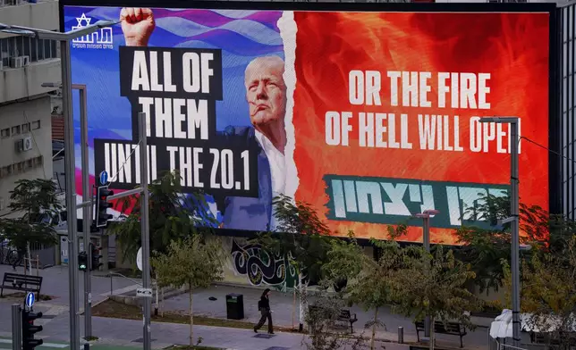 An electronic billboard beams an image of President-elect Donald Trump and references his threat to unleash hell if hostages held in Gaza are not freed until his inauguration later this month. in Tel Aviv, Israel, on Wednesday, Jan. 8, 2025. (AP Photo/Oded Balilty)