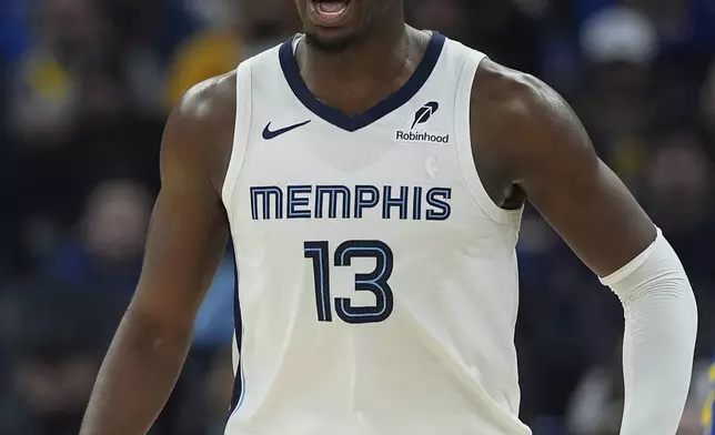 Memphis Grizzlies forward Jaren Jackson Jr. reacts during the first half of an NBA basketball game against the Golden State Warriors, Saturday, Jan. 4, 2025, in San Francisco. (AP Photo/Godofredo A. Vásquez)