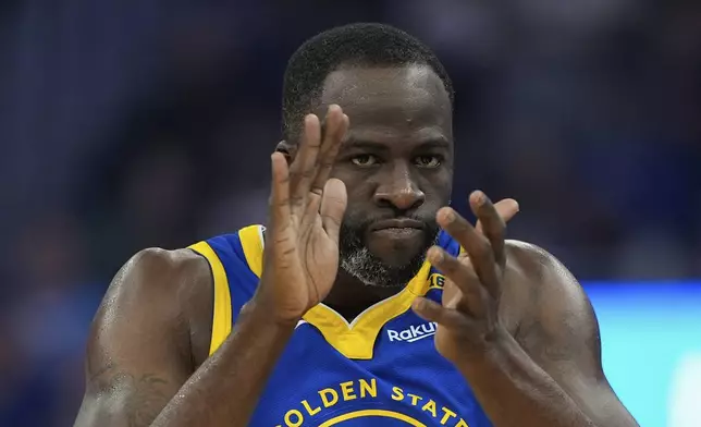 Golden State Warriors forward Draymond Green reacts during the first half of an NBA basketball game against the Memphis Grizzlies, Saturday, Jan. 4, 2025, in San Francisco. (AP Photo/Godofredo A. Vásquez)