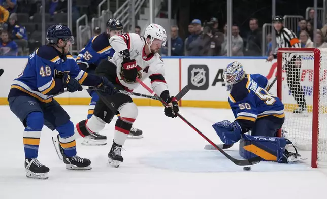 Ottawa Senators' Thomas Chabot (72) is unable to score past St. Louis Blues goaltender Jordan Binnington (50) as Scott Perunovich (48) defends during the third period of an NHL hockey game Friday, Jan. 3, 2025, in St. Louis. (AP Photo/Jeff Roberson)