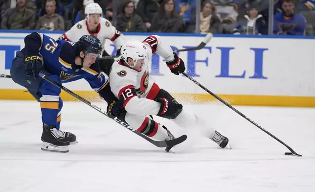 Ottawa Senators' Shane Pinto (12) and St. Louis Blues' Tyler Tucker (75) chase after a loose puck during the third period of an NHL hockey game Friday, Jan. 3, 2025, in St. Louis. (AP Photo/Jeff Roberson)