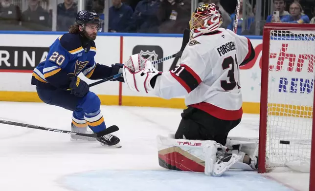 St. Louis Blues' Brandon Saad (20) scores past Ottawa Senators goaltender Anton Forsberg (31) during the second period of an NHL hockey game Friday, Jan. 3, 2025, in St. Louis. (AP Photo/Jeff Roberson)