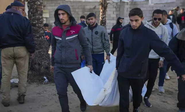 A body is carried to the area outside the hospital after an Israeli army strike early Thursday morning in the Muwasi area, in Khan Younis in the central Gaza Strip, Thursday Jan. 2, 2025. According to Palestinian medical officials, the airstrike killed at least 10 people, including three children and two senior police officers, in an Israeli-designated humanitarian zone in the Gaza Strip. (AP Photo/Abdel Kareem Hana)