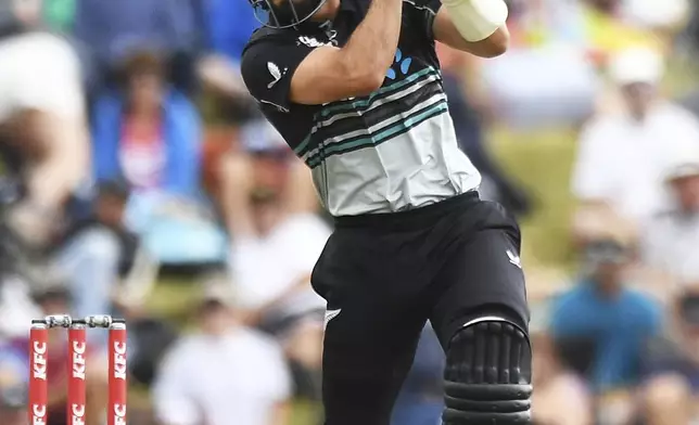 New Zealand's Tim Robinson plays during the 3rd T20 match between New Zealand and Sri Lanka at Saxton Oval in Nelson, New Zealand, Thursday, Jan. 2, 2025. (Chris Symes/Photosport via AP)