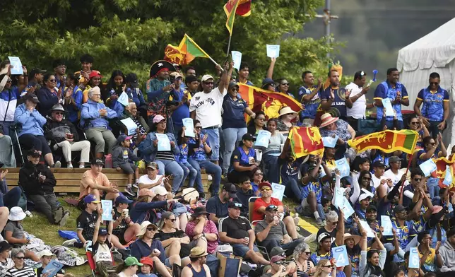 Fans and Supporters cheer during the 3rd T20 match between New Zealand and Sri Lanka at Saxton Oval in Nelson, New Zealand, Thursday, Jan. 2, 2025. (Chris Symes/Photosport via AP)