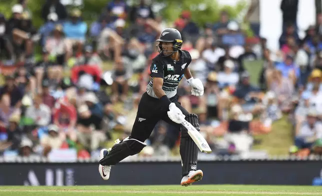 New Zealand's Rachin Ravindra plays during the 3rd T20 match between New Zealand and Sri Lanka at Saxton Oval in Nelson, New Zealand, Thursday, Jan. 2, 2025. (Chris Symes/Photosport via AP)