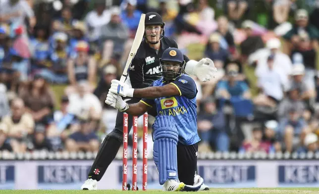 Sri Lanka's Kusal Perer plays during the 3rd T20 match between New Zealand and Sri Lanka at Saxton Oval in Nelson, New Zealand, Thursday, Jan. 2, 2025. (Chris Symes/Photosport via AP)