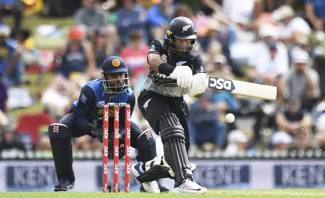 New Zealand's Rachin Ravindra plays during the 3rd T20 match between New Zealand and Sri Lanka at Saxton Oval in Nelson, New Zealand, Thursday, Jan. 2, 2025. (Chris Symes/Photosport via AP)