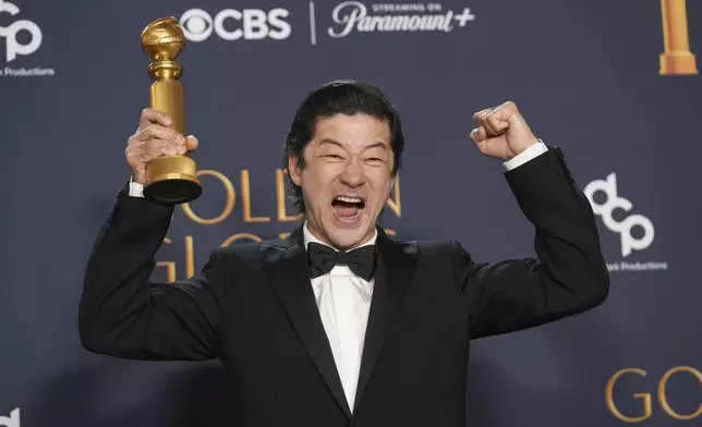 Tadanobu Asano poses in the press room with the award for best performance by a male actor in a supporting role on television for "Shogun" during the 82nd Golden Globes on Sunday, Jan. 5, 2025, at the Beverly Hilton in Beverly Hills, Calif. (AP Photo/Chris Pizzello)