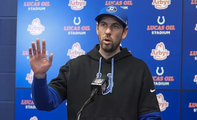 Indianapolis Colts head coach Shane Steichen speaks during a news conference after an NFL football game against the Jacksonville Jaguars, Sunday, Jan. 5, 2025, in Indianapolis. The Colts won 26-23 in overtime. (AP Photo/Darron Cummings)