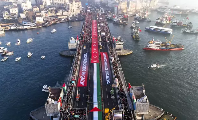 People demonstrate in solidarity with Palestinians amid the ongoing war in Gaza, in Istanbul, Turkey, Wednesday, Jan. 1, 2025. (Sercan Ozkurnazli/DIA Photo via AP)