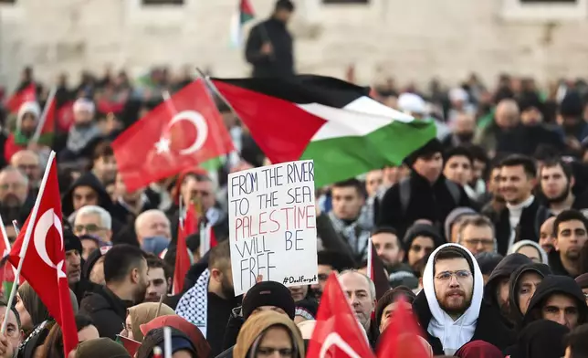 People demonstrate in solidarity with Palestinians amid the ongoing war in Gaza, in Istanbul, Turkey, Wednesday, Jan. 1, 2025. (Berkman Ulutin/DIA Photo via AP)