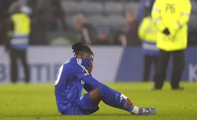 Leicester City's Stephy Mavididi reacts after the English Premier League soccer match between Leicester City and Crystal Palace at the King Power Stadium, Leicester, England, Wednesday, Jan. 15, 2025. (Mike Egerton/PA via AP)