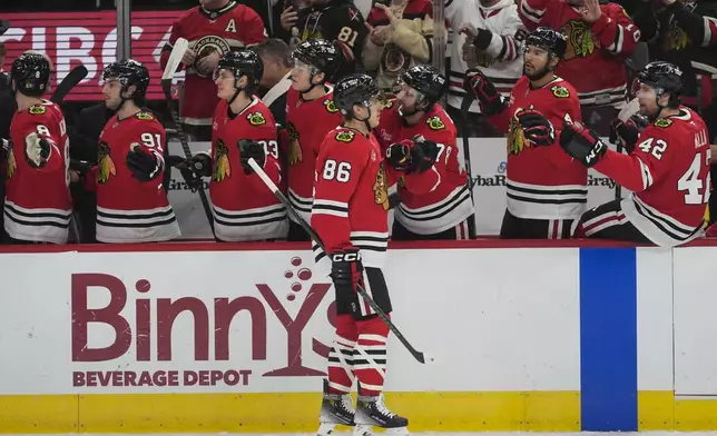 Chicago Blackhawks center Teuvo Teravainen (86) celebrates his goal on the Edmonton Oilers during the first period of an NHL hockey game Saturday, Jan. 11, 2025, in Chicago. (AP Photo/Erin Hooley)