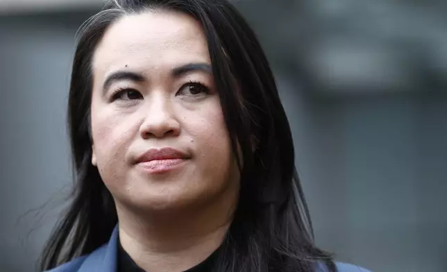 Former Oakland Mayor Sheng Thao stands in front of the United States District Court for a press conference following her arraignment of federal charges in Oakland, Calif., on Friday, Jan. 17, 2025. (Santiago Mejia/San Francisco Chronicle via AP)