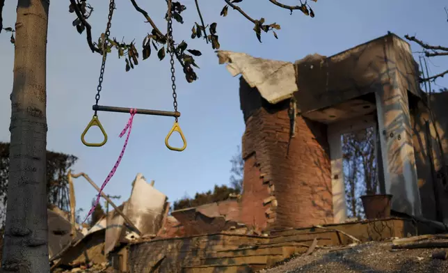A swing hangs from a tree in front of a fire-damaged residence in the aftermath of the Palisades Fire in the Pacific Palisades neighborhood of Los Angeles, Friday, Jan. 10, 2025. (AP Photo/Eric Thayer)