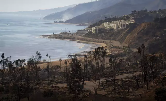 Rows of residences are burned to the ground in the aftermath of the Palisades Fire in the Pacific Palisades neighborhood of Los Angeles, Friday, Jan. 10, 2025. (AP Photo/Eric Thayer)
