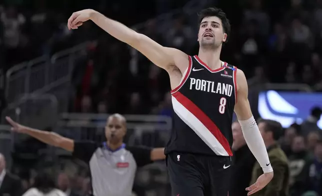 Portland Trail Blazers' Deni Avdija reacts after an NBA basketball game against the Milwaukee Bucks Saturday, Jan. 4, 2025, in Milwaukee. (AP Photo/Morry Gash)