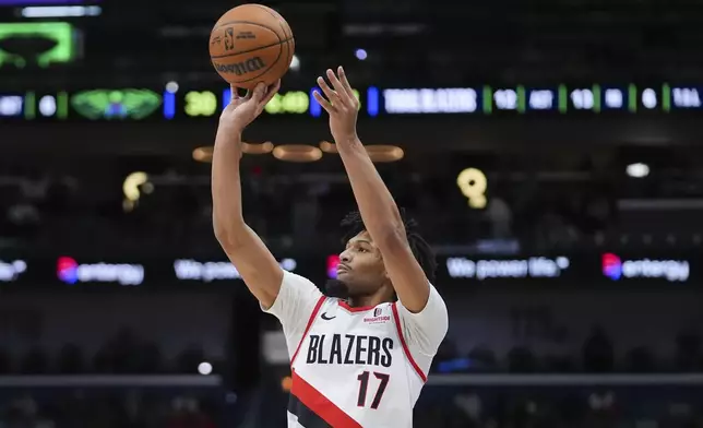 Portland Trail Blazers guard Shaedon Sharpe (17) shoots in the first half of an NBA basketball game against the New Orleans Pelicans in New Orleans, Wednesday, Jan. 8, 2025. (AP Photo/Gerald Herbert)