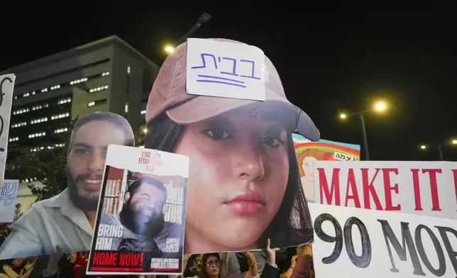 Demonstrators protest calling for the immediate release of the hostages held in the Gaza Strip by the Hamas militant group in Tel Aviv, Israel, Saturday, Jan. 25, 2025. (AP Photo/Ohad Zwigenberg)