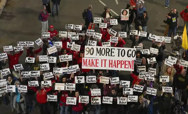 Demonstrators protest calling for the immediate release of the hostages held in the Gaza Strip by the Hamas militant group in Tel Aviv, Israel, Saturday, Jan. 25, 2025. (AP Photo/Ohad Zwigenberg)