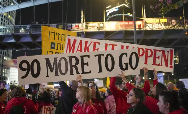 Demonstrators protest calling for the immediate release of the hostages held in the Gaza Strip by the Hamas militant group in Tel Aviv, Israel, Saturday, Jan. 25, 2025. (AP Photo/Ohad Zwigenberg)