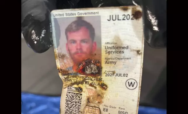 This undated photo, provided by the Las Vegas Police Department shows an ID belonging to Matthew Livelsberger, found inside a Tesla Cybertruck involved in an explosion outside the Trump Hotel in Las Vegas. (Las Vegas Police Department via AP)