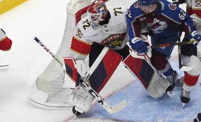 Colorado Avalanche left wing Artturi Lehkonen (62) collides with Florida Panthers goaltender Sergei Bobrovsky (72) while pursuing the puck in the first period of an NHL hockey game Monday, Jan. 6, 2025, in Denver. (AP Photo/David Zalubowski)