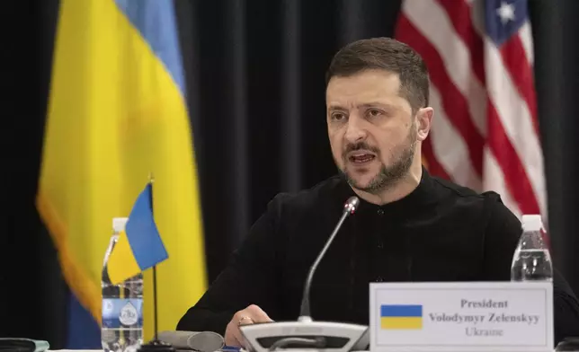 Ukrainian President Volodymyr Zelenskyy attends a meeting of the Ukraine Contact Group at Ramstein Air Base, Germany, Thursday, Jan. 9, 2025. (Marijan Murat/dpa via AP)