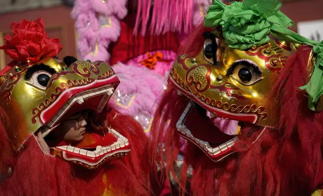 Chinese artists perform a lion dance at the Dongyue Temple on the first day of the Chinese Lunar New Year in Beijing on Wednesday, Jan. 29, 2025. (AP Photo/Andy Wong)
