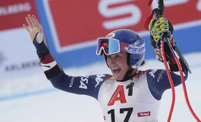 United States' Lauren Macuga reacts after completing an alpine ski, women's World Cup super G race, in St. Anton, Austria, Sunday, Jan. 12, 2025. (AP Photo/Giovanni Auletta)