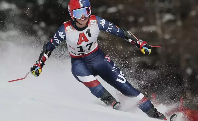 United States' Lauren Macuga speeds down the course during an alpine ski, women's World Cup super G race, in St. Anton, Austria, Sunday, Jan. 12, 2025. (AP Photo/Marco Trovati)