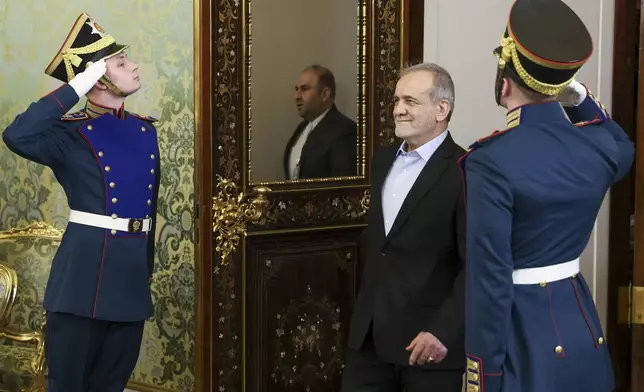 Iranian President Masoud Pezeshkian arrives to meet Russian President Vladimir Putin at the Kremlin in Moscow, Russia, Friday, Jan. 17, 2025. (Valeriy Sharifulin, Sputnik, Kremlin Pool Photo via AP)