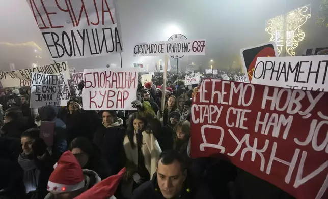 Students march on New Years Eve during a protest that erupted after a concrete canopy fell two months ago and killed 15 people in Belgrade, Serbia, Tuesday, Dec. 31, 2024. (AP Photo/Darko Vojinovic)