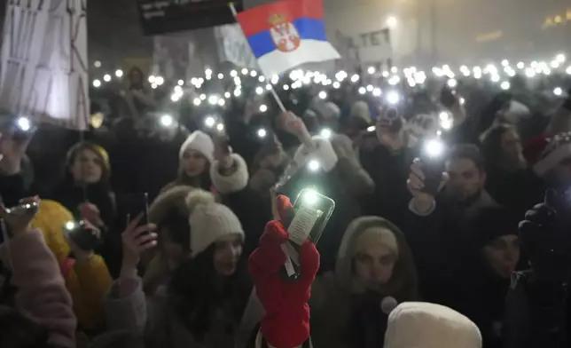 Students march on New Years Eve during a protest that erupted after a concrete canopy fell two months ago and killed 15 people in Belgrade, Serbia, Tuesday, Dec. 31, 2024. (AP Photo/Darko Vojinovic)