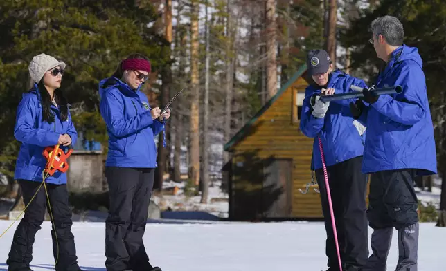 From the California Department of Water Resources, left to right, Angelique Fabbiani-Leon, Manon von Kaenel, Jordan Thoennes and Andy Reising conduct the first snow survey of the season to assess how much water the state might have come spring and summer at Phillips Station on Thursday, Jan. 2, 2025. (AP Photo/Brooke Hess-Homeier)