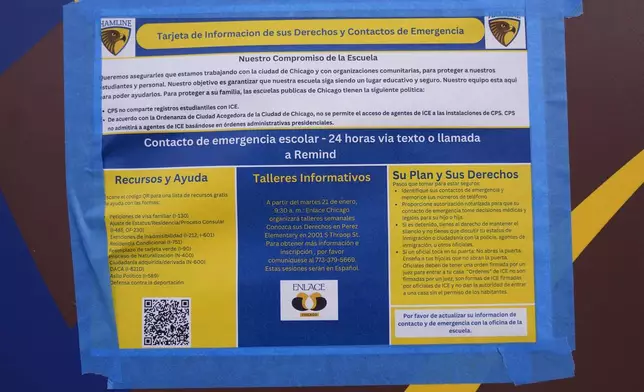 An information card on rights and emergency contacts is posted on the door of Hamline Elementary School after federal agents were turned away on Friday, Jan. 24, 2025, in Chicago. (AP Photo/Erin Hooley)
