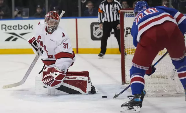 Carolina Hurricanes goaltender Frederik Andersen, left, looks as New York Rangers' Chris Kreider misses his shot during the second period of an NHL hockey game, Tuesday, Jan. 28, 2025, in New York. (AP Photo/Seth Wenig)