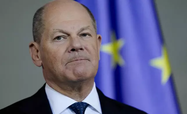 German Chancellor Olaf Scholz gives a statement at the chancellery in Berlin, Germany, Wednesday, Jan. 8, 2025. (AP Photo/Markus Schreiber)